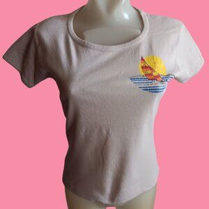 True Vintage Women's T-shirt Medium Single Stitch Sailboat 1980's Babydoll Tan